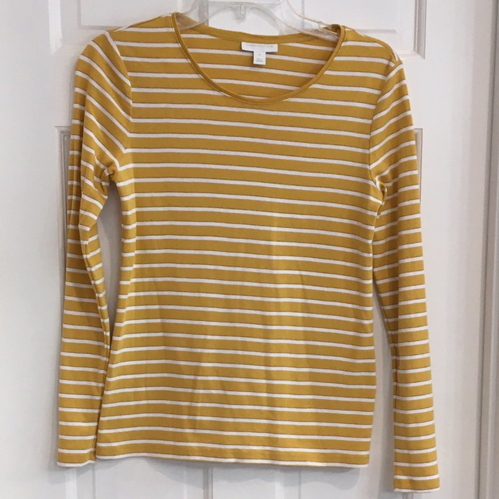 Charter Club LS Gold & White Stripe Metallic EUC